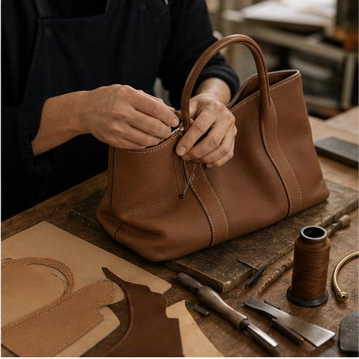 Hands crafting a genuine leather handbag in the BODA workshop