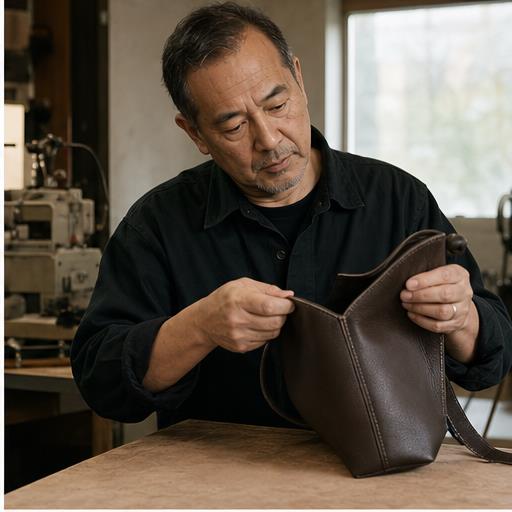 BODA manufacturing leadership reviewing a leather handbag sample