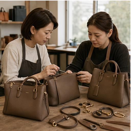 Quality-control specialists inspecting finished leather handbags