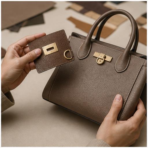 Hands comparing handbag construction details and hardware