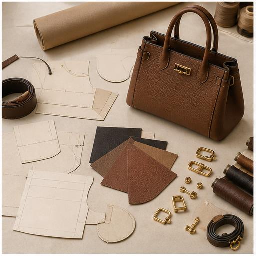 Leather handbag development materials, patterns, and sample arranged on a worktable