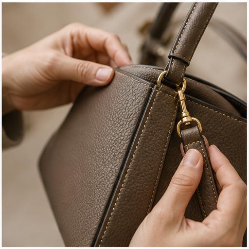 Hands inspecting stitching and hardware on a leather handbag
