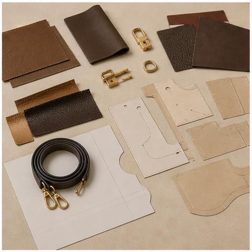 Leather swatches, pattern pieces, and hardware prepared for sampling